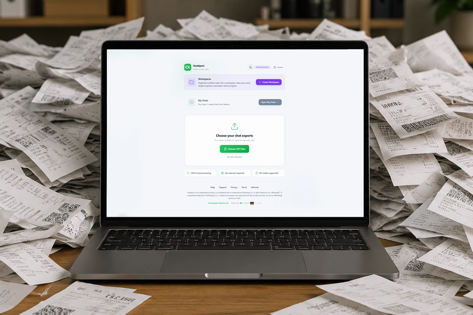 A laptop running ChatXport surrounded by a pile of paper receipts on a wooden desk