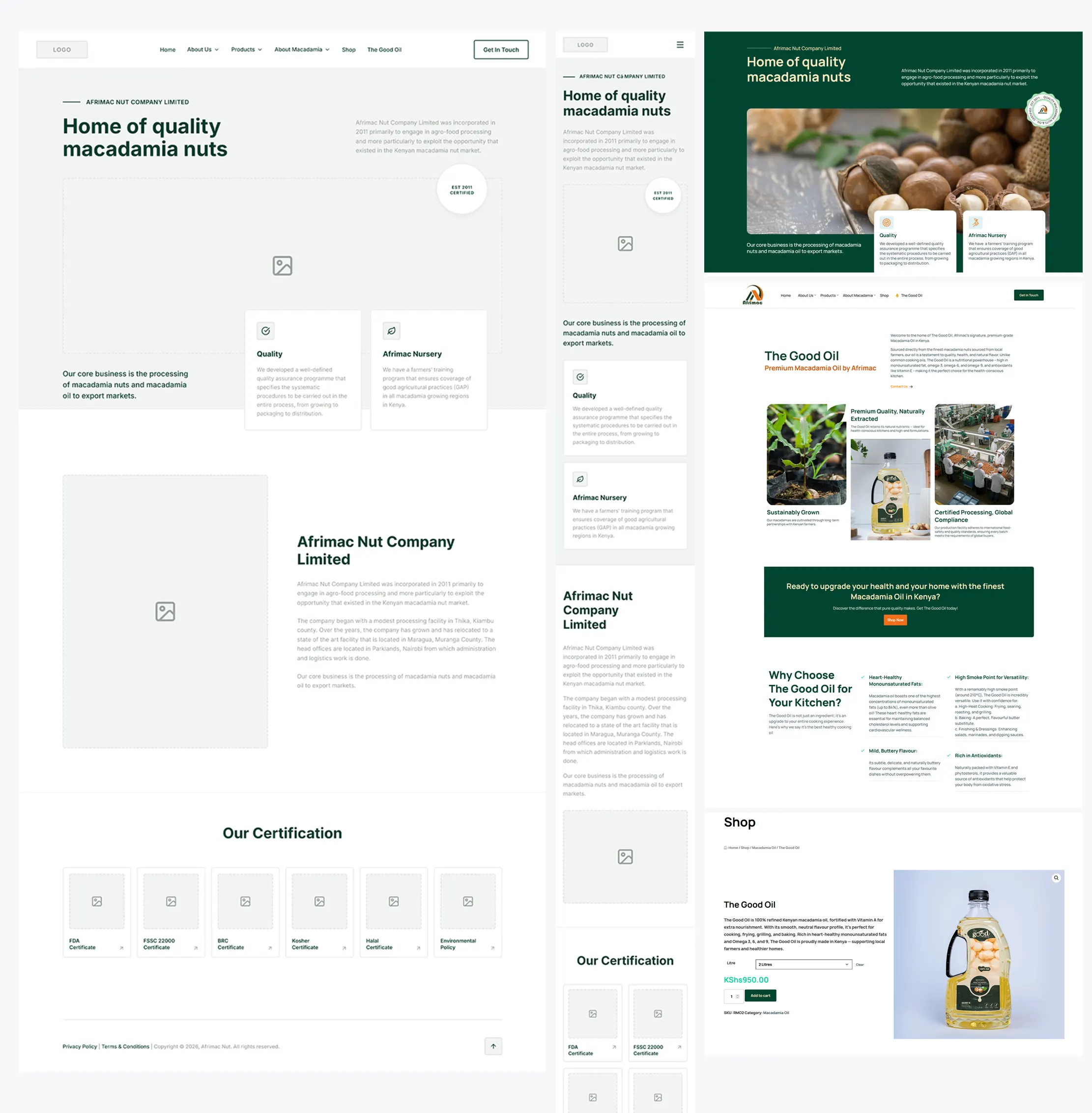Afrimac Nut Company website pages: products, certifications, and The Good Oil shop
