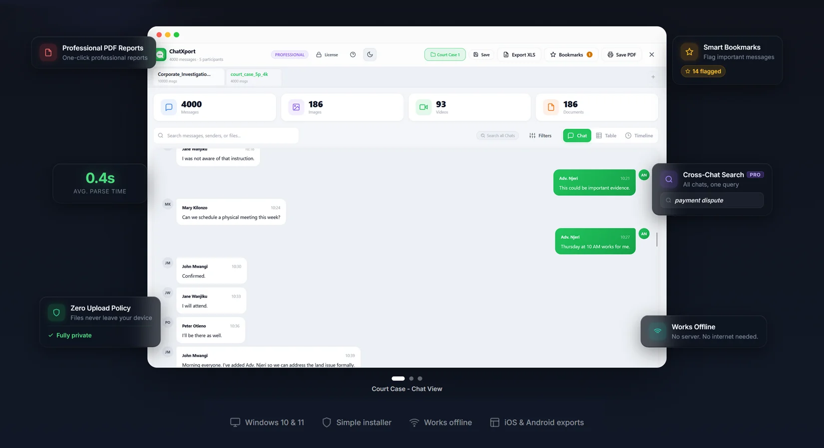 ChatXport desktop app interface showing conversation, table, and timeline views