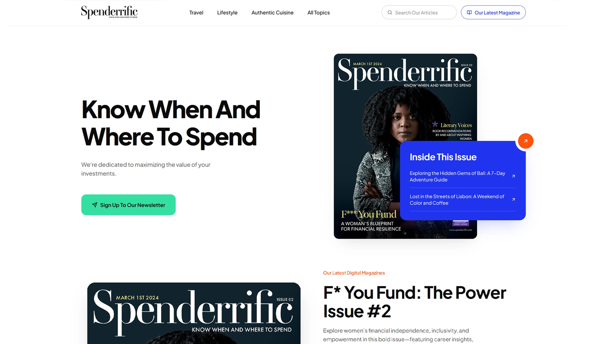 Spenderrific digital magazine homepage